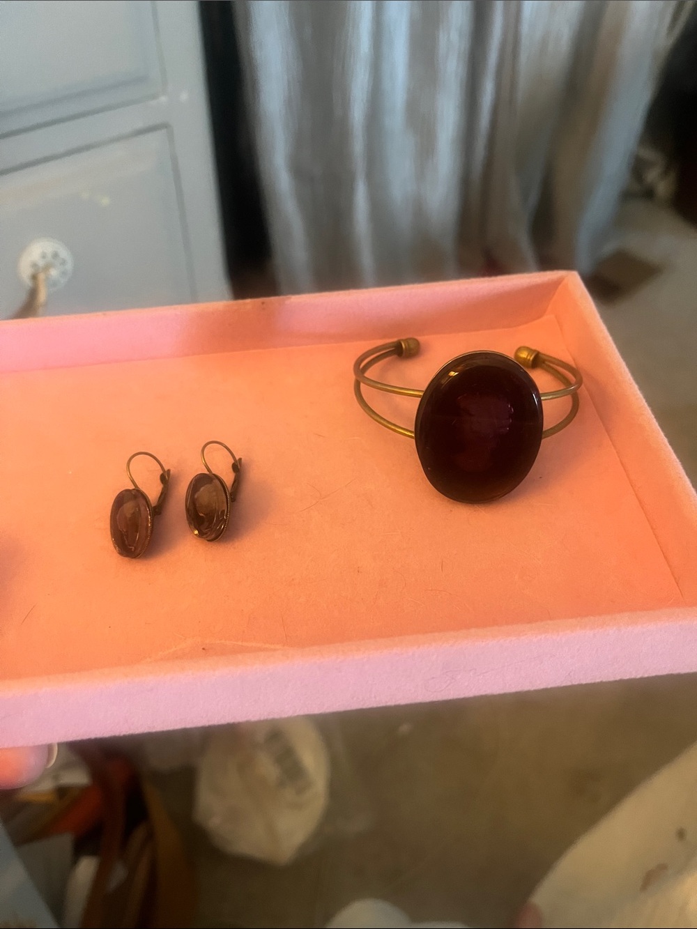 Intaglio Cameo Purple Glass Cuff Bracelet and Earring Set